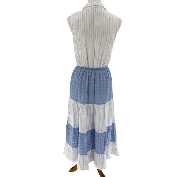 Mystree Womens Sleeveless Striped & Eyelet Maxi Dress S 100% Cotton Blue/White, - Picture 2 of 12